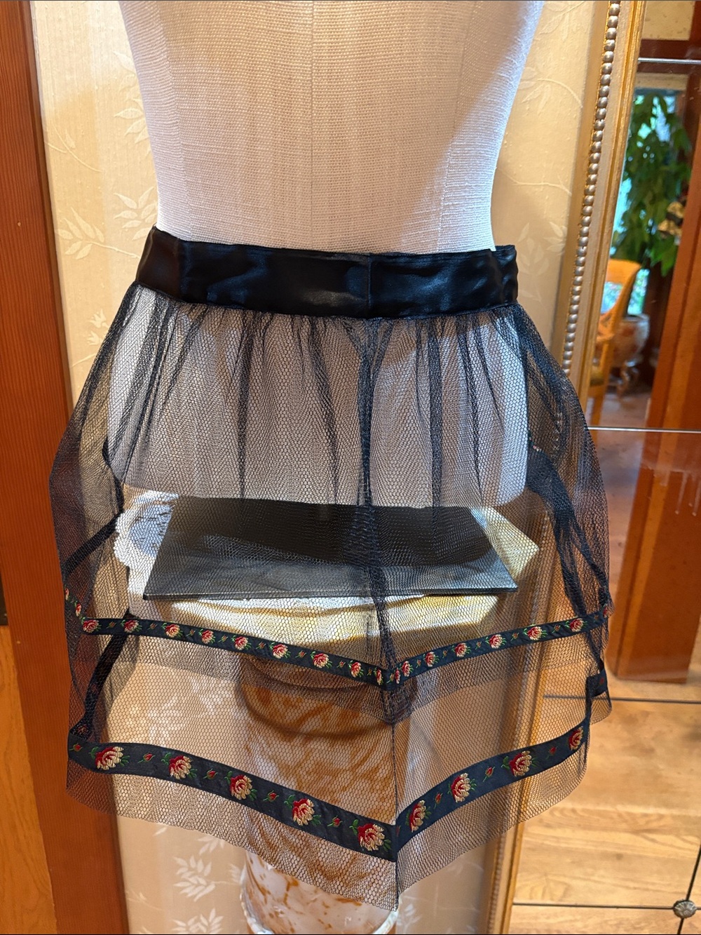Nona Lou Vintage Black Mesh Apron Skirt with Rose Embroidered Trim